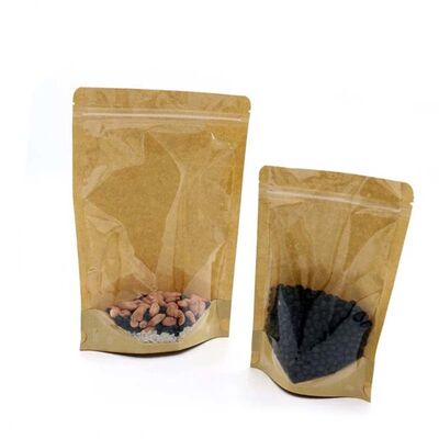 Food Safe Stand Up Resealable Bags Brown Stand Up Coffee Pouches With Clear Window