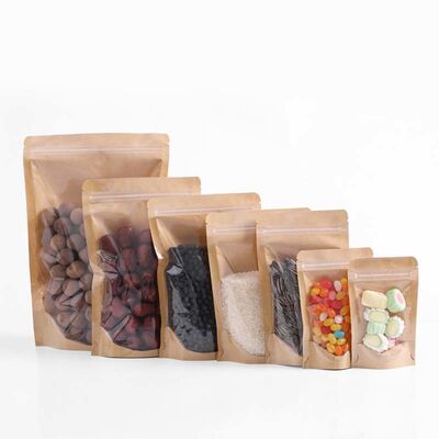 Food Safe Stand Up Resealable Bags Brown Stand Up Coffee Pouches With Clear Window
