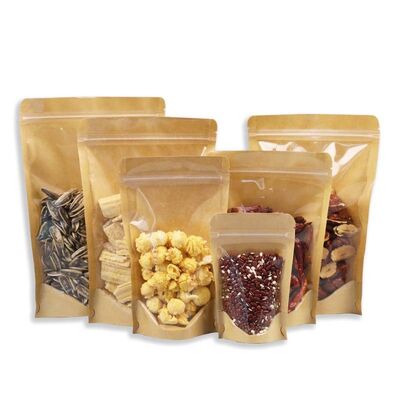 Food Safe Stand Up Resealable Bags Brown Stand Up Coffee Pouches With Clear Window