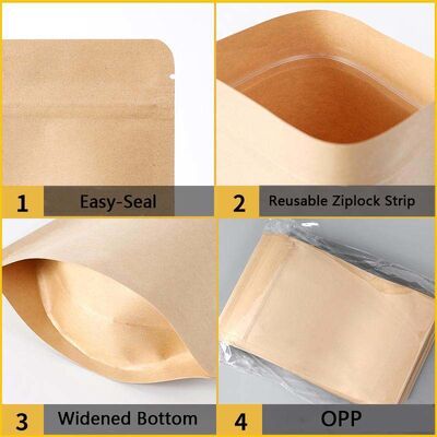 Uncoated Kraft Resealable Pouches Recyclable Stand Up Zip Lock Bags Biodegradable For Grains