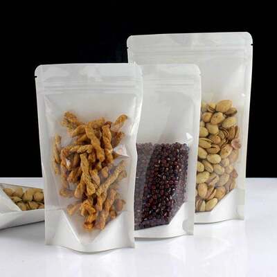 White Stand Up Plastic Pouches Eco Friendly Stand Up Resealable Pouches With Transparent Window