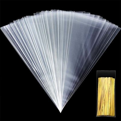 Transparent Plastic Bread Bag Triangle Cellophane Treat Bags Resealable With Gold Twist Ties